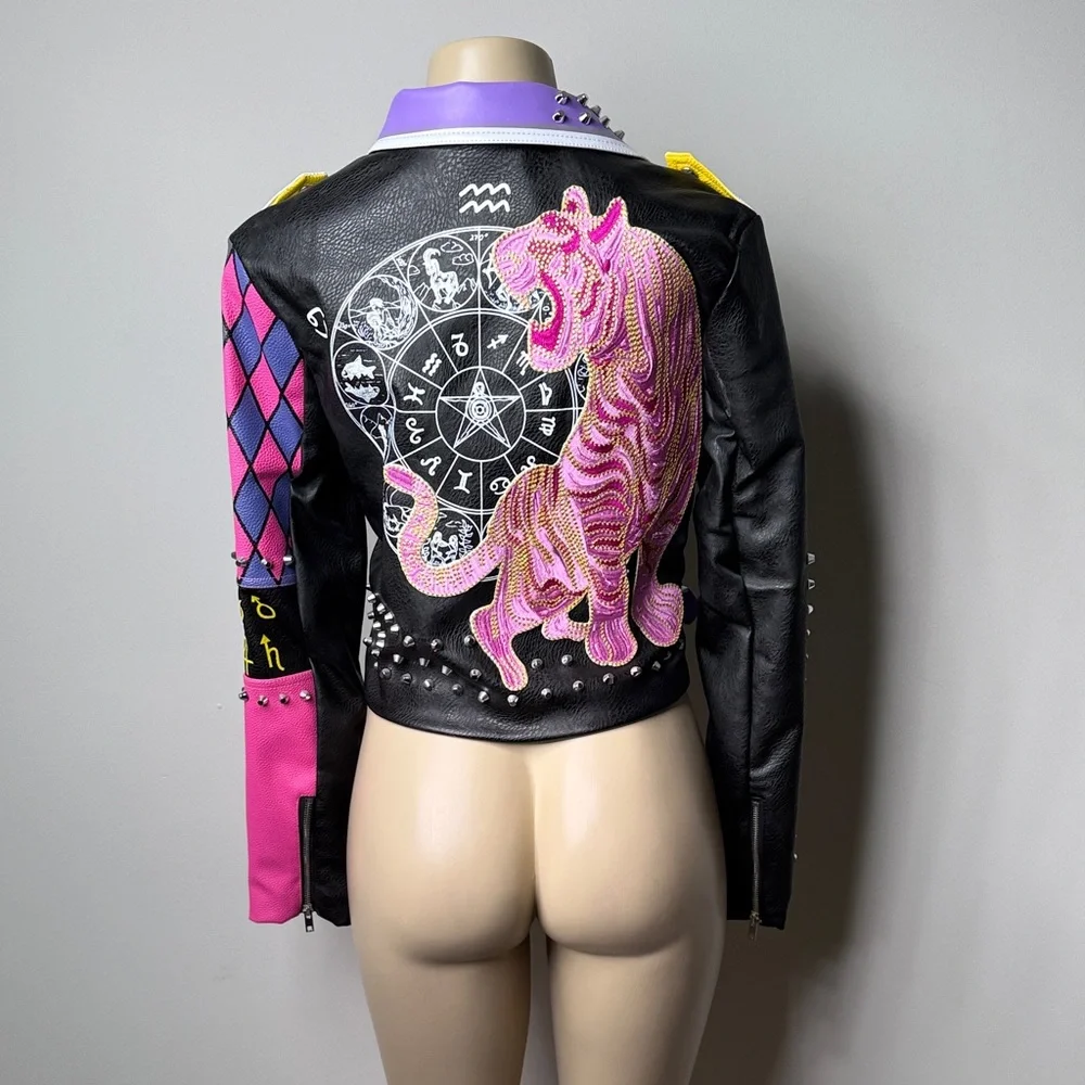 Studded Black Leather Biker Jacket with Pink & Purple Colorblock - Picture 6 of 8
